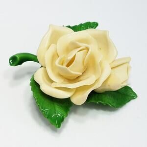 Vintage Cream Flower Lucite Brooch, Gardenia with Green Leaves & Stem, 2 Inches
